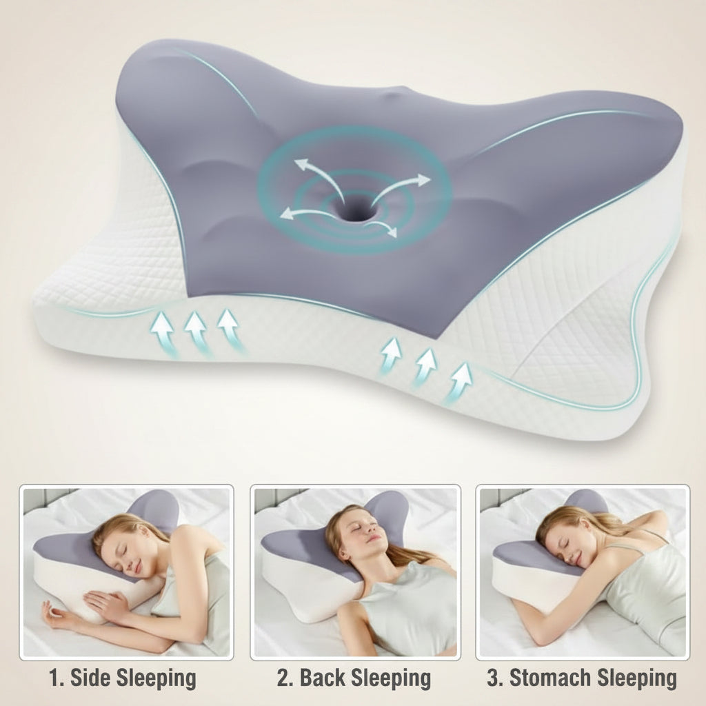 Cervical pillow with ergonomic design and illustrations of people using it on a white background